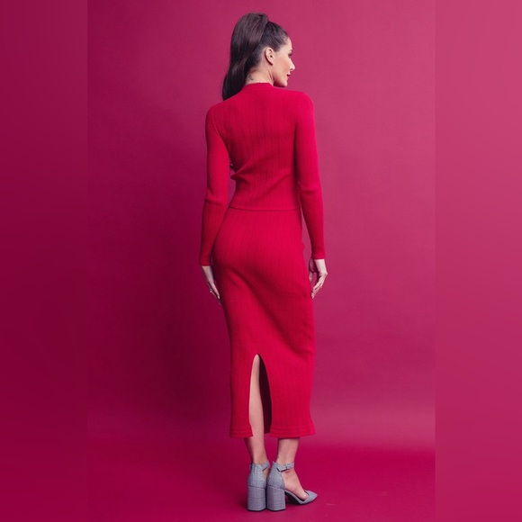 671. Knit Cardigan and Midi Skirt Set in Red - Picture 2 of 4